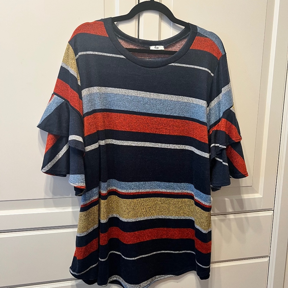 EGS by ELOGES Navy Stripe‎ Crew Neck Ruffle Bell Sleeve Top Tunic (Plus 2X)
